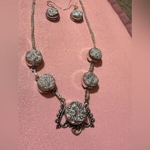 Sterling Silver titanium Druzy Crystal Necklace earring set